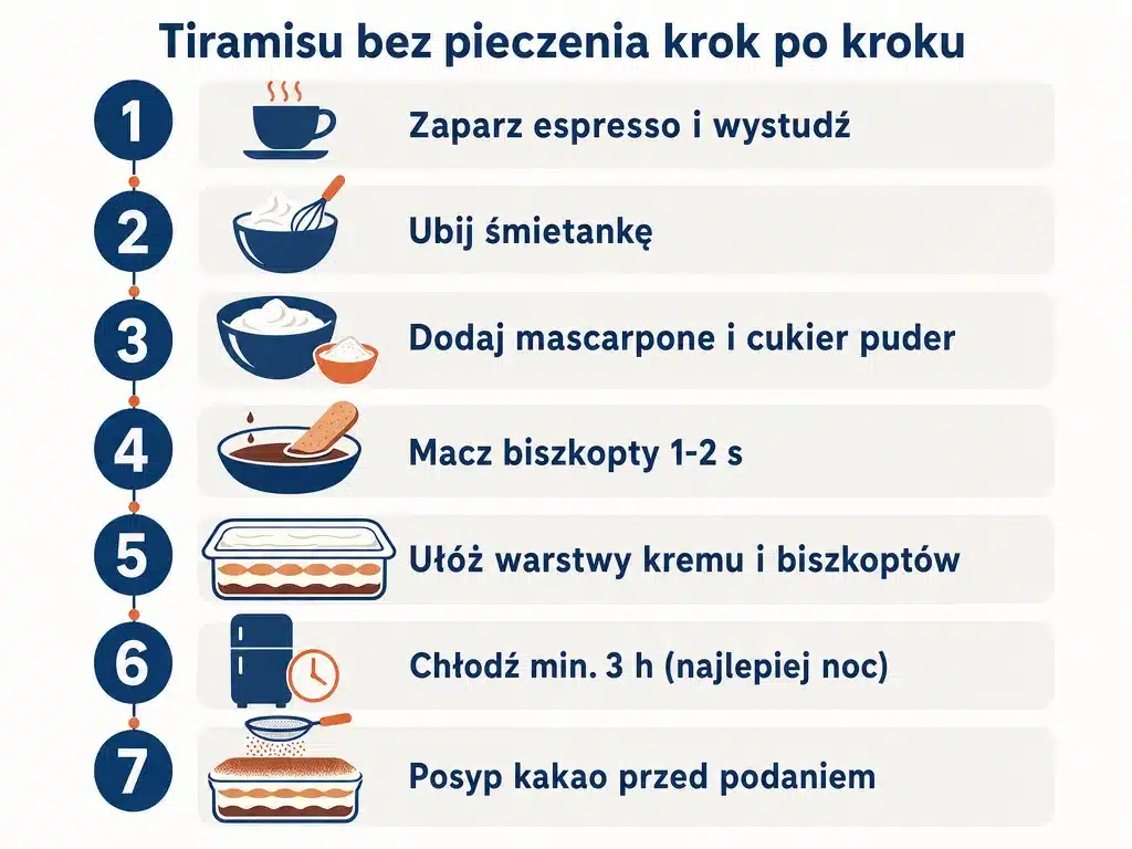 Diagram przedstawiający tiramisu bez pieczenia krok po kroku w siedmiu etapach