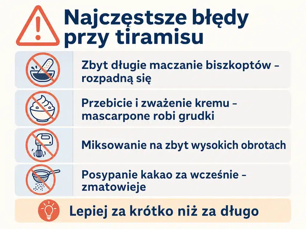 Infografika z listą najczęstszych błędów przy robieniu tiramisu bez pieczenia