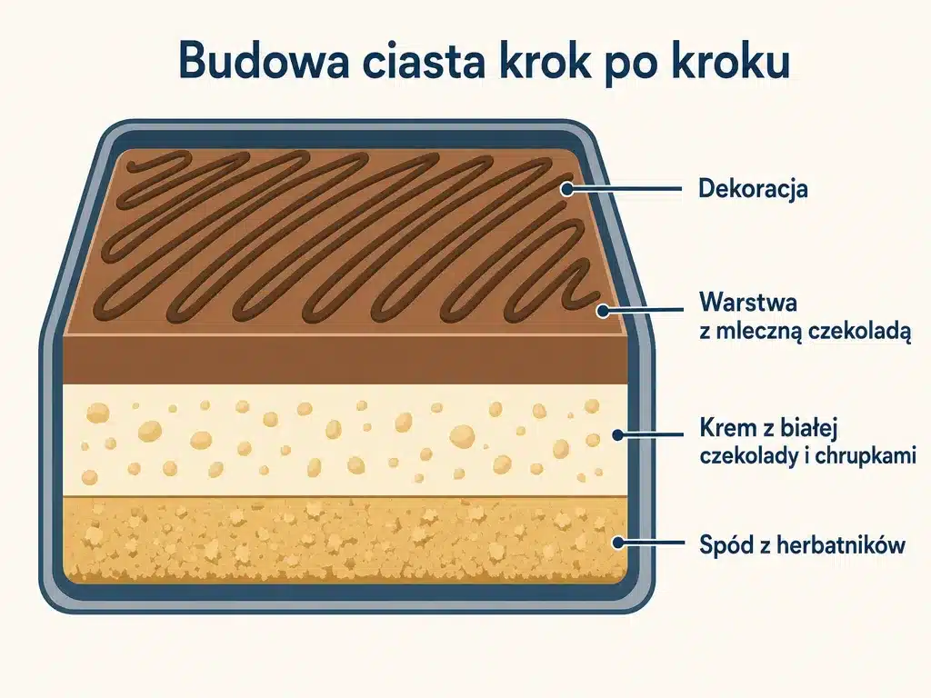 Diagram przekroju ciasta kinder country z trzema warstwami: spód z herbatników, krem z białej czekolady i warstwa z mleczną czekoladą