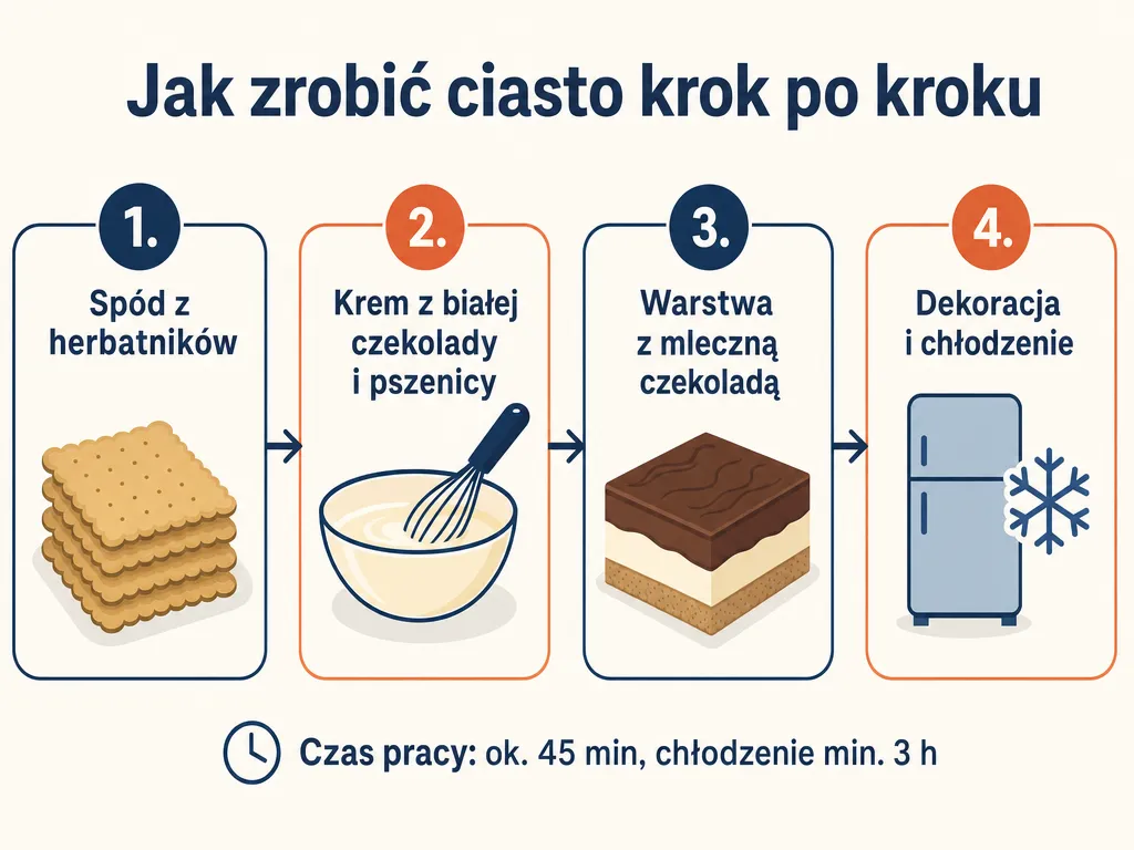 Flowchart czterech etapów przygotowania ciasta kinder country bez pieczenia: spód, krem, warstwa czekoladowa, dekoracja i chłodzenie