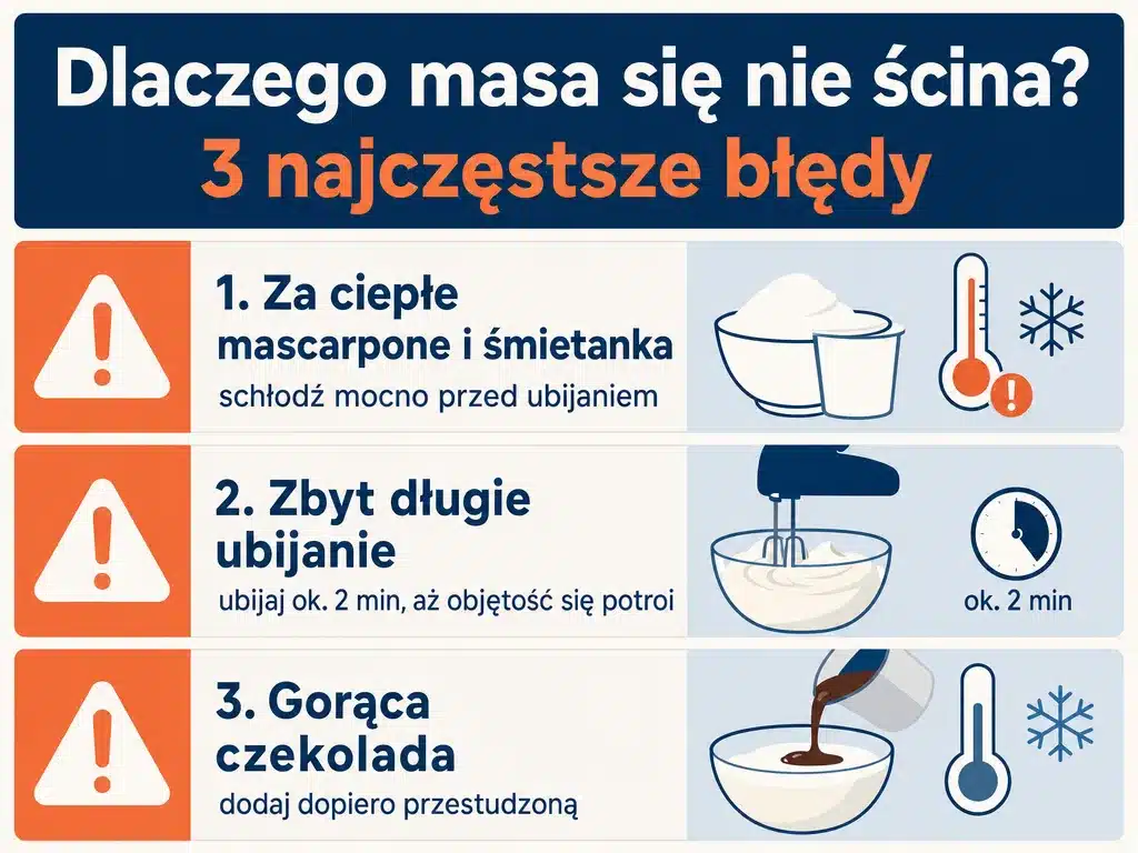 Infografika z trzema najczęstszymi błędami powodującymi, że masa mascarpone się nie ścina