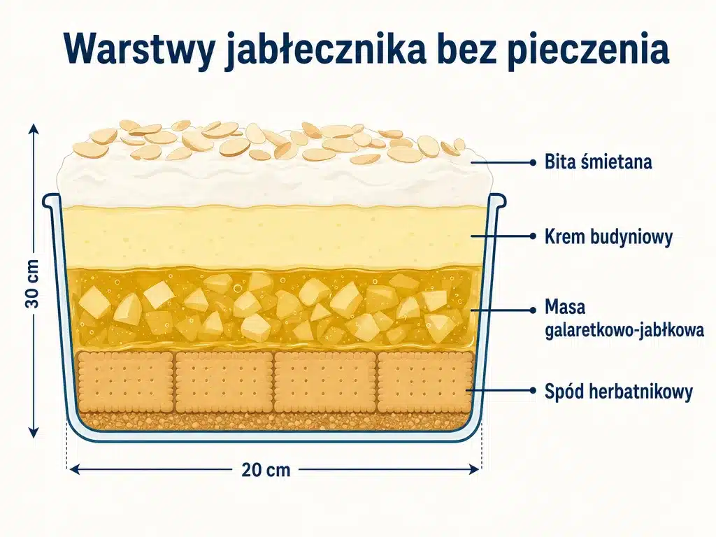 Diagram przekroju jabłecznika bez pieczenia z czterema warstwami: spód herbatnikowy, masa galaretkowo-jabłkowa, budyń, bita śmietana