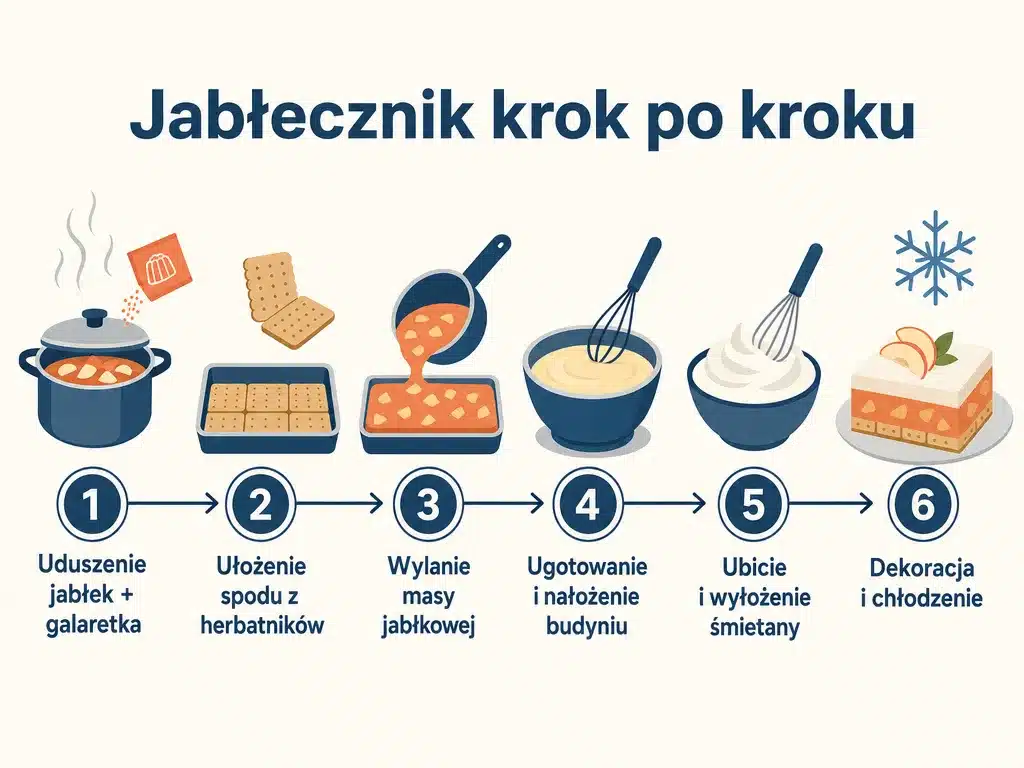 Infografika sześciu kroków przygotowania jabłecznika bez pieczenia od duszenia jabłek po chłodzenie